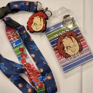 Chucky Child's Play Good Guys Wanna Play Horror Movie Lanyard ID Holder NEW